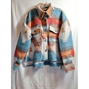 LA MIEL Southwestern Aztec Jacket Sz S Multi Shacket Raw Edges Lagenlook Boho